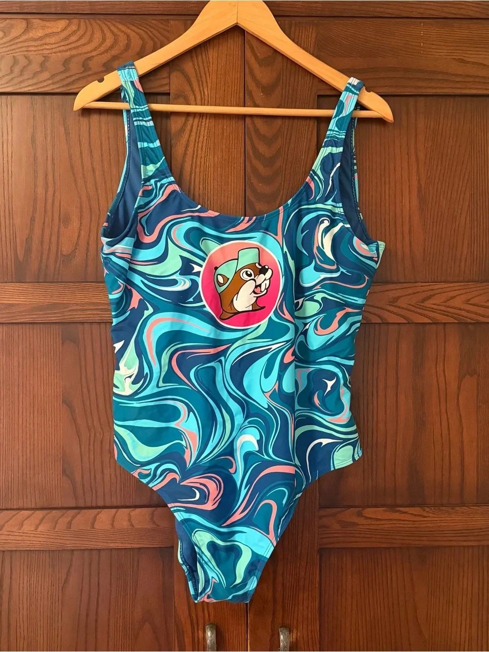 Buc-ees Blue Swirl One-Piece Swimsuit with pink Buc-ee logo Size Large
